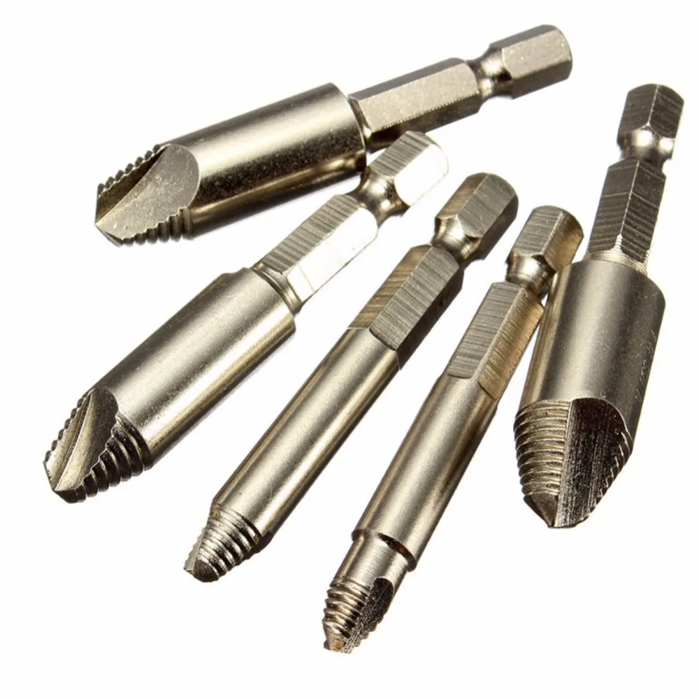 5pcs HSS Nickel Coated Broken Stud Bolt Damaged Remover Wood Screw Extractor Drill Bits Guide Set Easy Out 1/4