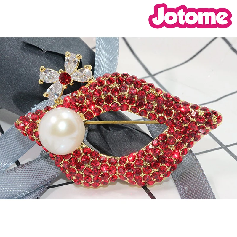 

100pcs a lot 50MM Jewelry Brooch Pin women New Fashion Jewelry AAAA 10mm Pearl Red lips Brooch Pin