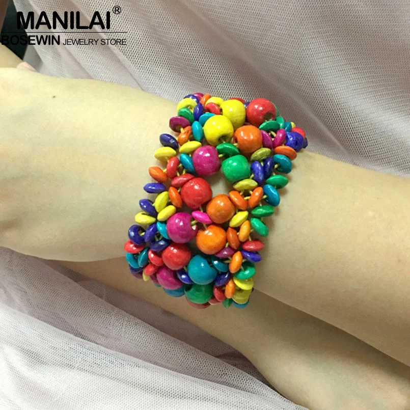 MANILAI Bohemian Handmade Wood Bead Bracelet For Women Multicolor Charm Statement Stretch Bracelets Bangles Beach Jewelry Gift