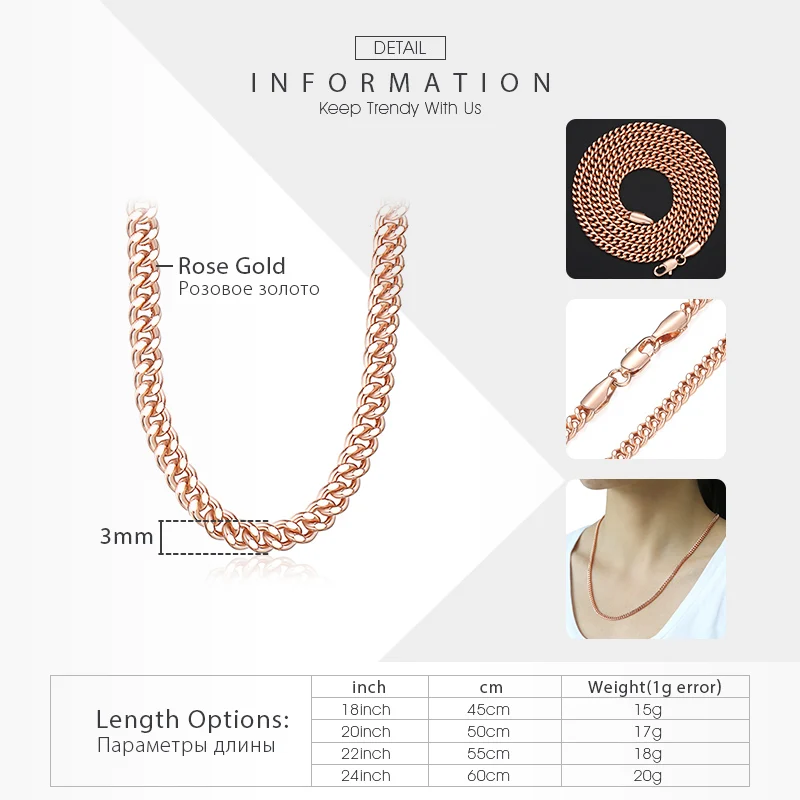 Davieslee 585 Rose Gold Color Necklaces for Women Flat Cut Round Link Womens Necklace Chain Wholesale Jewelry Gift 3mm LGN220