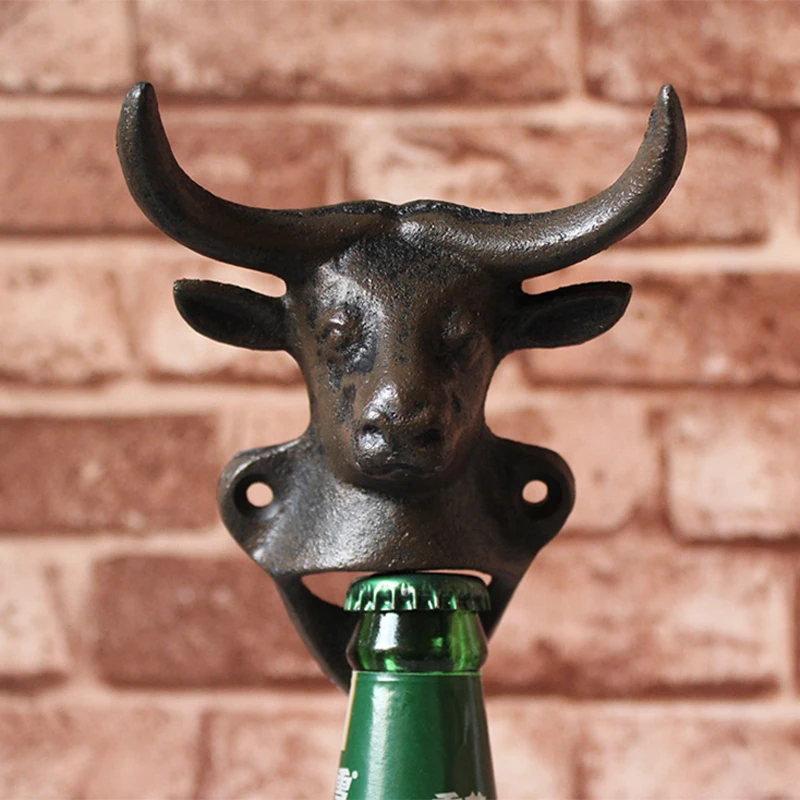 

Cow Head Wall Mounted Beer Bottle Opener Cast Iron Animal Head Figurines Bottle Opener Home Bar Wall Decor Metal Reindeer Head