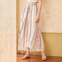 ARTKA 2018 Autumn New Women Loose Lace Stitching Printed High-waist Drawstring Side Split Chiffon Wide Leg Pants KA15082X