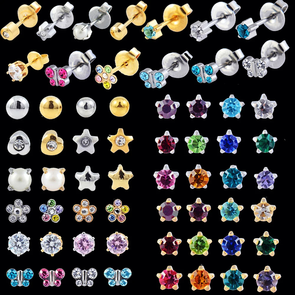 12Pairs Mix Design Surgical Steel Regular Size CZ Birthstone Earrings studs Crystal Butterfly Daisy Flower & Crown Earring Stud