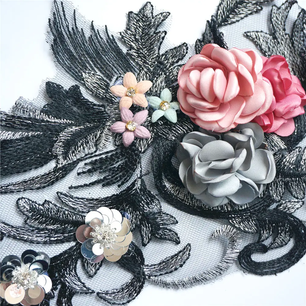 40CM Black Fabric 3D Flowers Roses Rhinestone Sequins Appliques Lace Trims Embroidery Mesh Sew On Patches For Wedding Decoration image 6