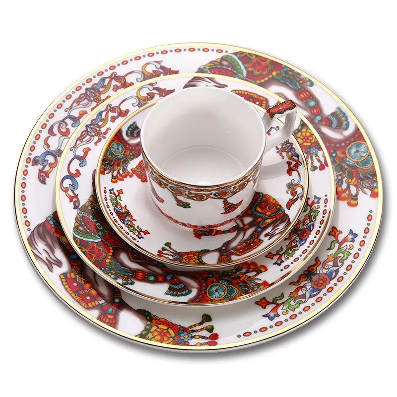 Bone China Dinner Plate Set And Coffee Cup Kit Gold Edge Dinnerware Set Horse Pattern Western Steak Dishes Flat Tray Cup Saucer