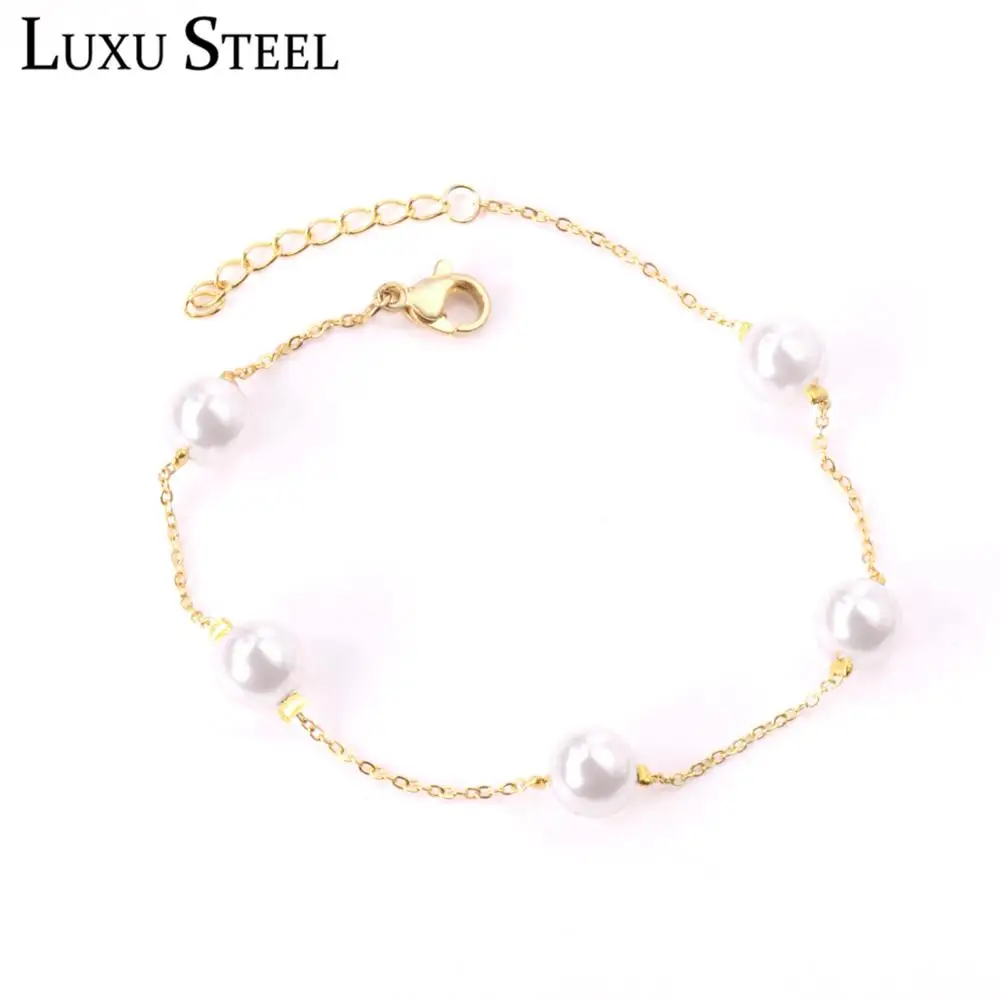 LUXUSTEEL Link Chain Bracelets Stainless Steel Imitation Pearl Adjustable Bracelets Bangles For Women Bijoux Party
