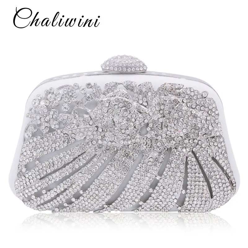 

Chaliwini Metallic Hollow Out Crystal Floral Women Evening Clutch Bag Bridal Wedding Rhinestones Knucklebox Purse Handbag