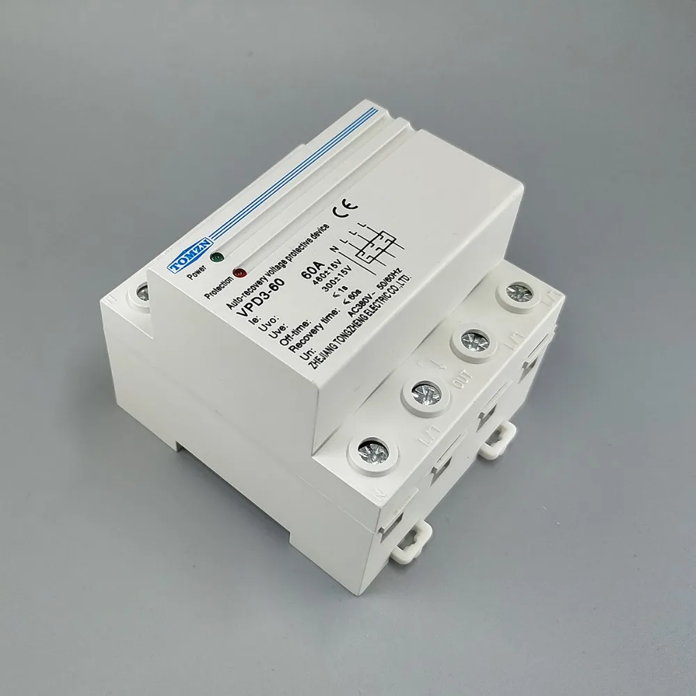 60A 380V~ Three Phase four wire Din rail automatic recovery reconnect over voltage and under voltage protective protection relay