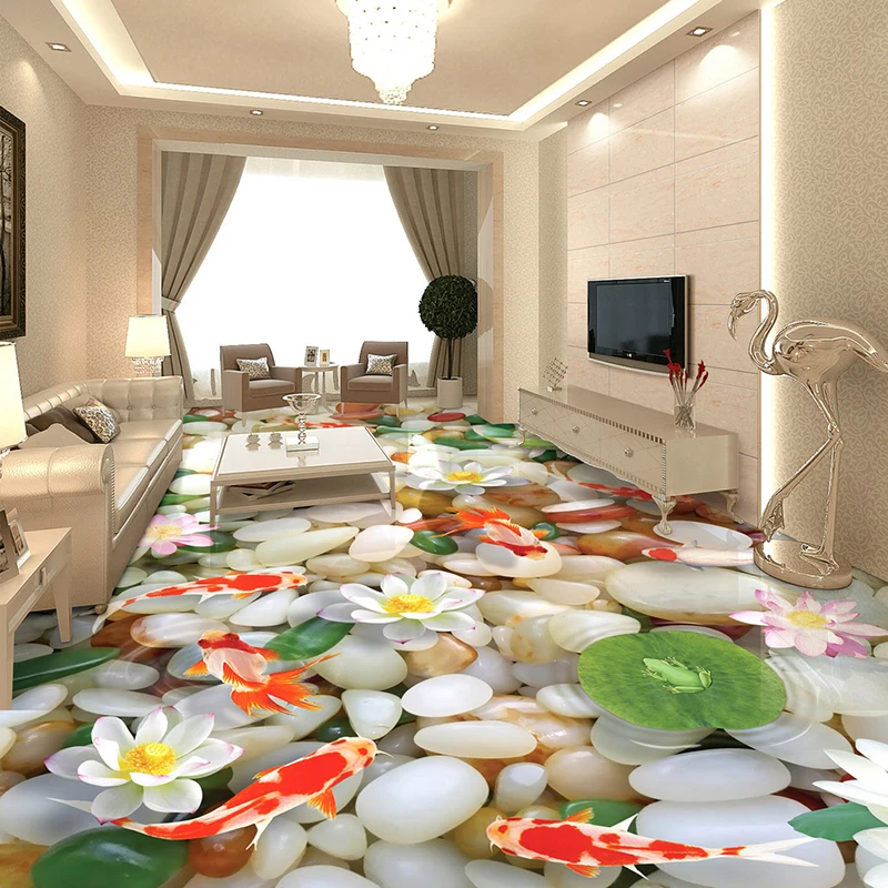 Custom 3D Photo Wallpaper Creative Floor Mural Pebbles Lotus Carp Bedroom Bathroom Non-slip Self-adhesive Vinyl Wall Sticker