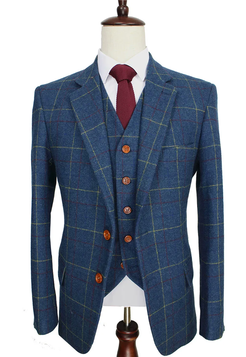 Wool Blue Ckeck Tweed Custom Made Men suit  Blazers Retro tailor made slim fit  wedding suits for men 3 Piece