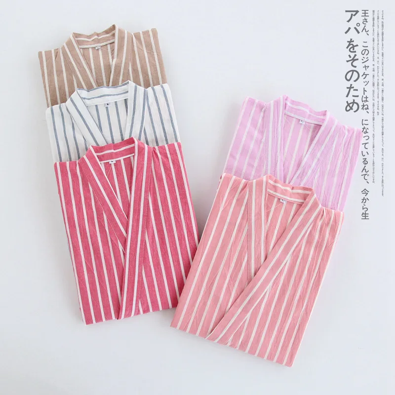 

New 100% Cotton Thin Striped Pajamas for Men and Women Kimono Short-sleeved Shorts Pijamas Couple Summer V-Neck Home Clothes