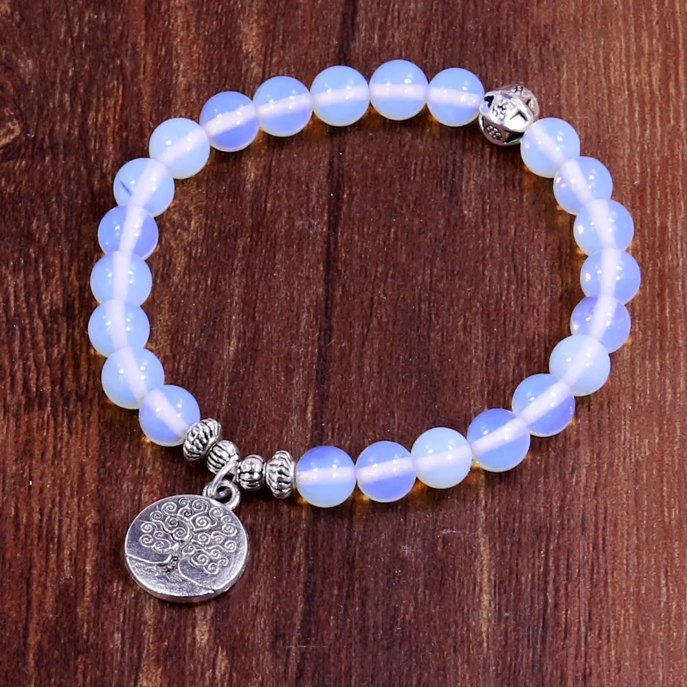 Tree Life Buddha Beads Bracelet Charm Elastic White Moonstone Natural Stone  Strand Bracelet Women Bracelet Men Jewelry