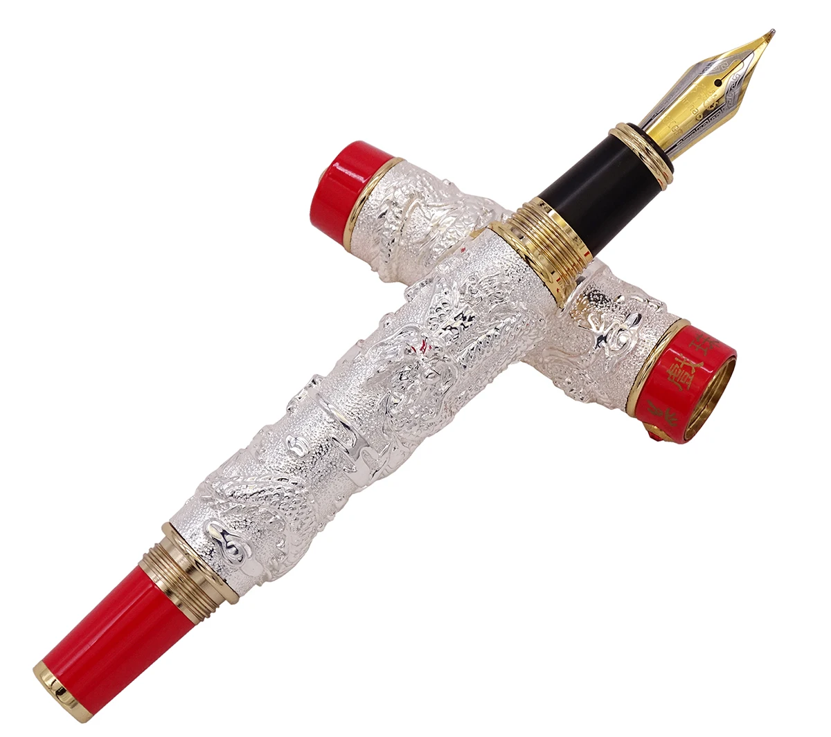 Jinhao Vintage Fountain Pen Double Dragon Calligraphy Fude Nib Silver-Red-Ring Metal Carving Embossing Heavy Gift Pen Collection