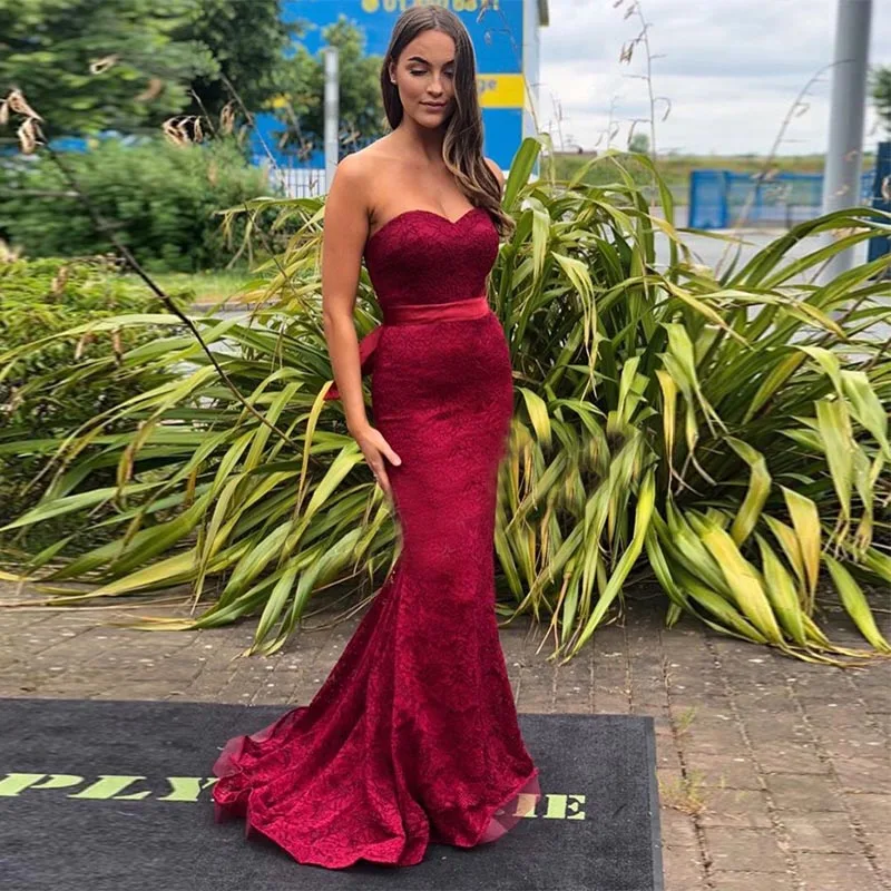 Sexy Mermaid Long Evening Dresses Sweetheart Neckline Burgundy Lace Formal Party Dresses Full Length Elegant Robe De Soiree