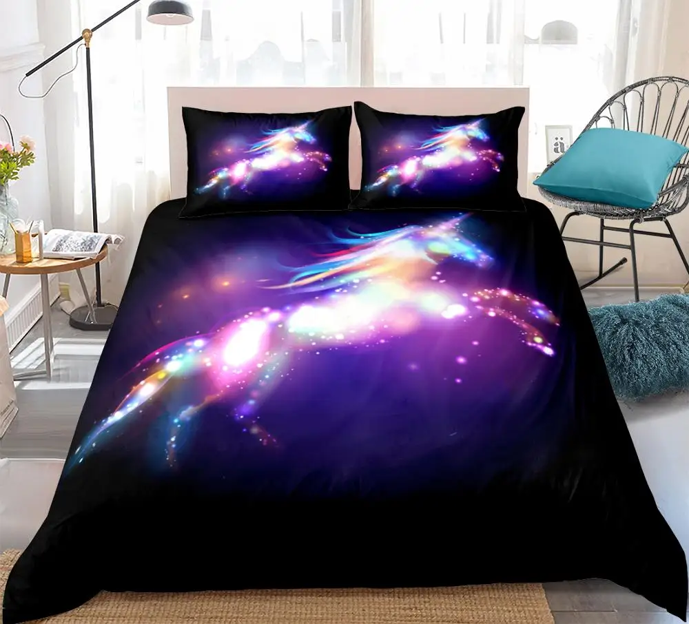 

Colorful Unicorn Bedding Set Black Duvet Cover Set queen bed line quilt cover bed set King home for teen girl Textiles