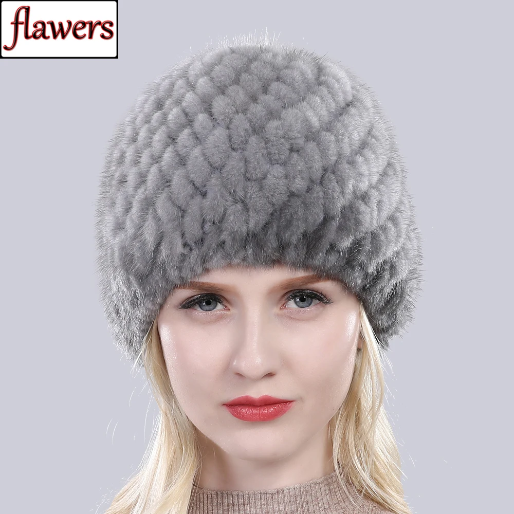 

Russia Winter Lady Good Elasticity Real Mink Fur Hats Warm Quality Natural Mink Fur Cap Women Knitted 100% Genuine Mink Fur Hat