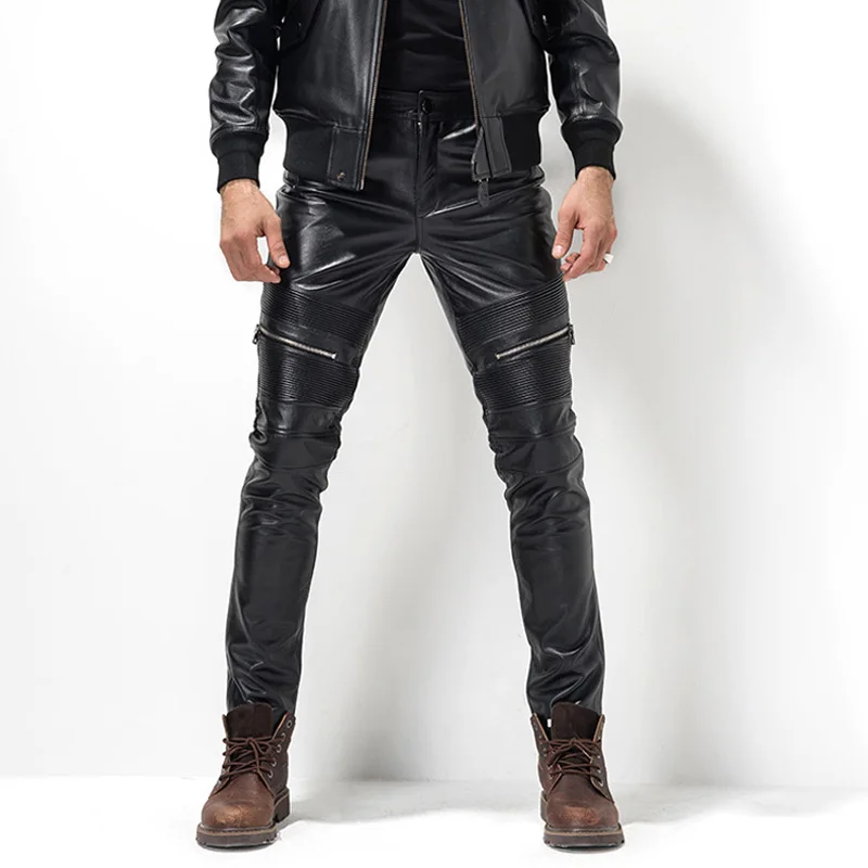 Của người đàn ông Da Pant Biker Quần Xe Máy Punk Rock Quần Tight Gothic Quần Da Cho Nam Giới TJ05