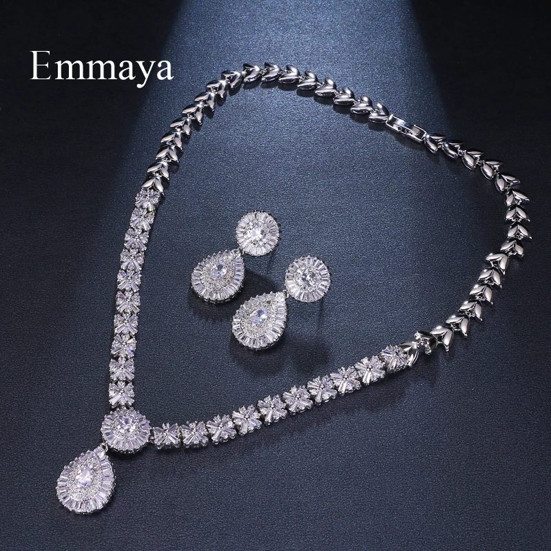 Emmaya Brand Charm Gorgeous Cubic Zircon White Gold Color New Crystal Earrings Necklace Set For Women Bride Jewelry Gift