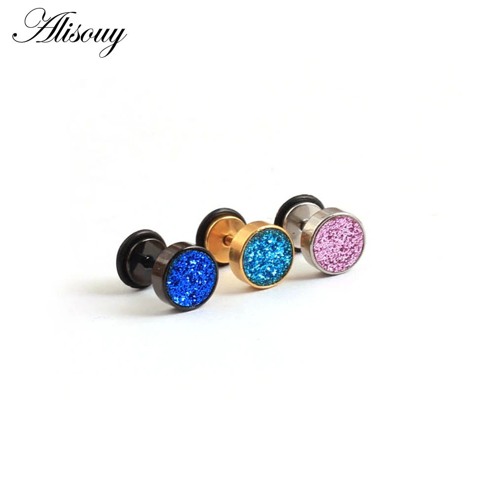 Alisouy 1Pair Black Gold Color Stainless Steel Barbell Round Stud Earrings Punk Women Men frosted Scrub Screw Ear Jewelry