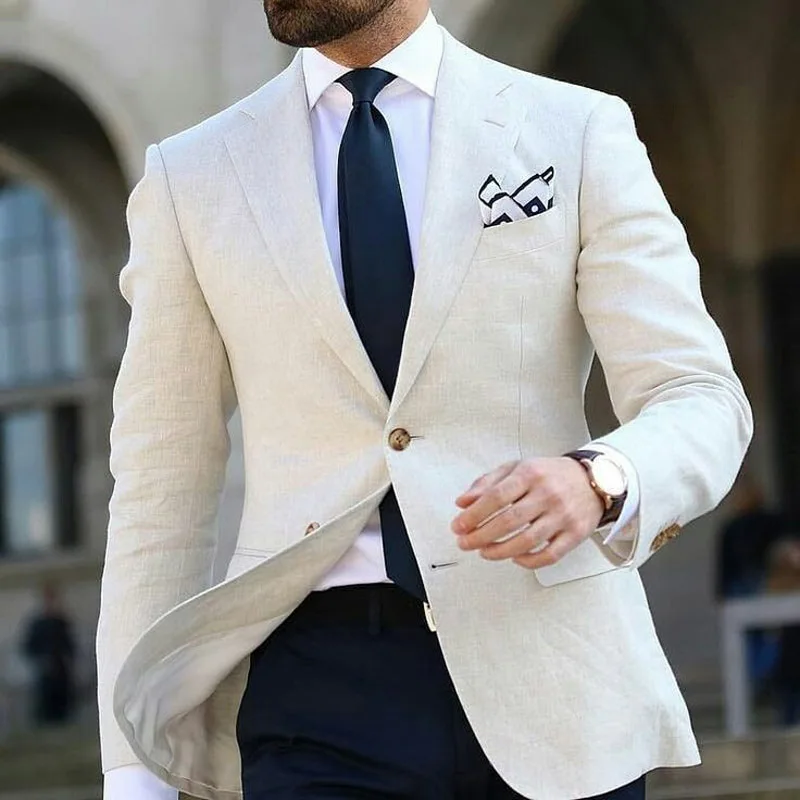 

Custom Beige Linen Men Suits Blazers 2019 Groom Wedding Tuxedos Slim Fit Bridegroom Wear 2piece Coat Trousers Terno Masculino