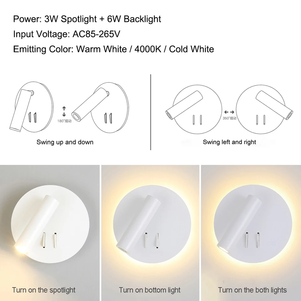 북유럽 LED 벽 램프 스위치 3W spotligh 6W 백라이트 무료 회전 Sconce 실내 벽 조명 홈 침실 머리맡 조명