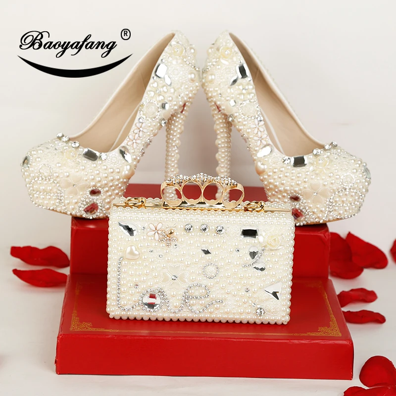 BaoYaFang New arrival Luxury Pearl Crystal Wedding shoes Woman High heels platform shoes with matching bags Ladies party shoe