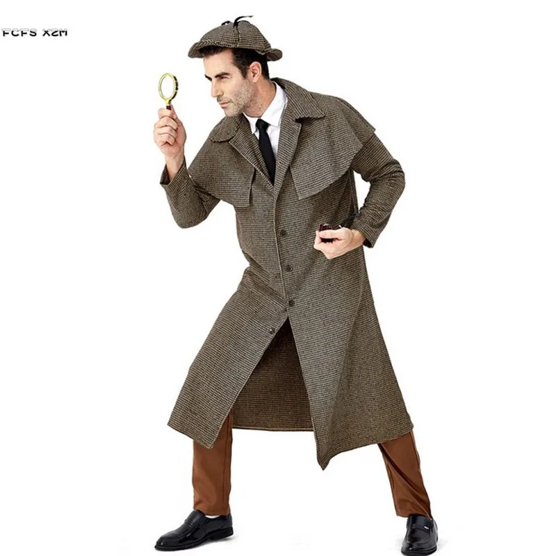 M-XL Men Overcoat Halloween Private Detective Costumes Inspector Cosplay Carnival Purim Parade Masquerade Role Play Party Dress