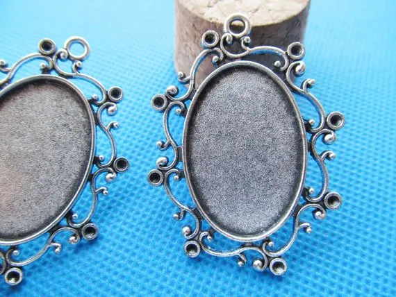 5pcs Antique Silver tone/Antique Bronze Oval Flower Border Base Setting Tray Bezel Pendant Charm,Fit 20mmx30mm Cabochon/Cameo