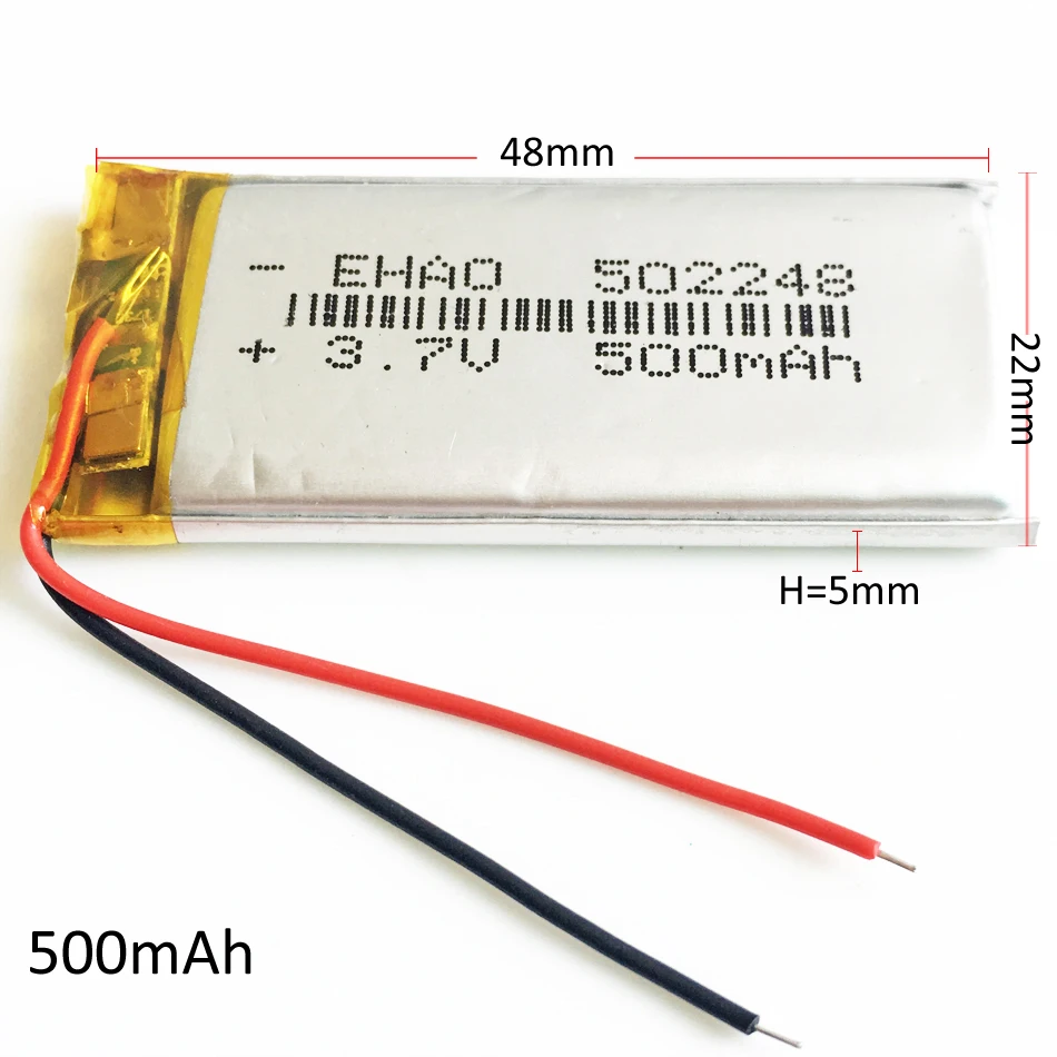 3.7V 500mAh Lithium Polymer LiPo Rechargeable battery 502248 Li cells For Mp3 GPS PSP Vedio Game bluetooth smart watch Tachograp