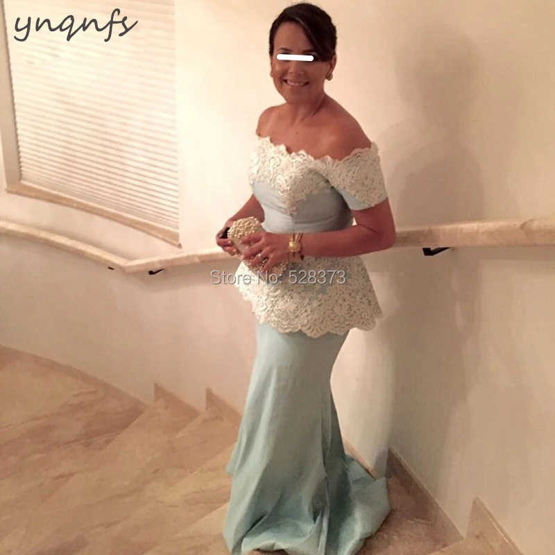 YNQNFS 2018 Aqua Green Satin with Ivory Lace Elegant Mother of the Bride/Groom Dresses with Short Sleeves Outfits Mermaid MD323