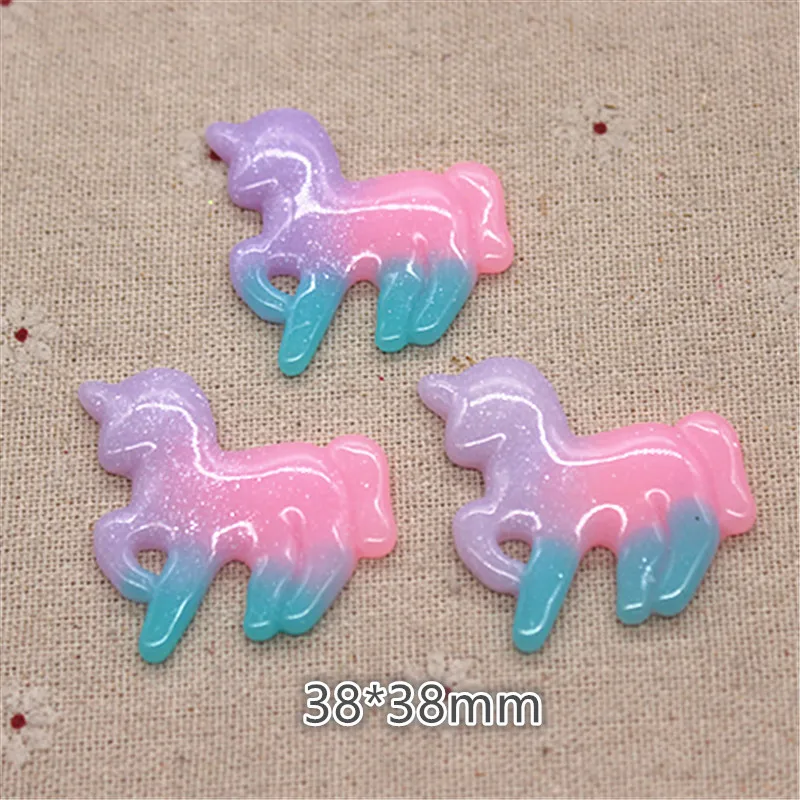 10pcs 38mm Kawaii Resin Glitter Tricolor Unicorn Flatback Cabochon Art Supply Decoration Charm Craft DIY Accessories