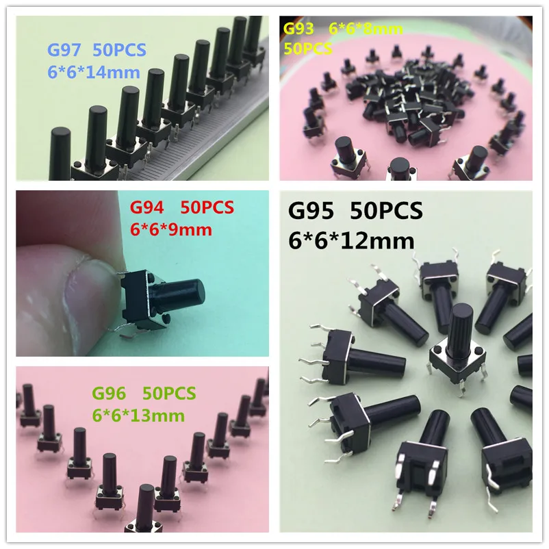 250PCS/SET YT2069 6*6*xx MM 4PIN 5 Kinds SMT Tactile Tact Push Button Micro Switch Self-reset DIP Top Copper  High Quality