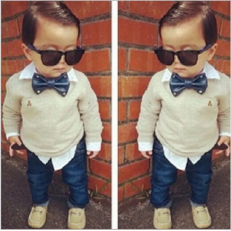 Hooyi Handsome Boys Clothes Sets Children Bow Tie Shirt + Jean Pant Suit Baby Boy Outfits Kids Clothing Fashion 2-Pieces Set