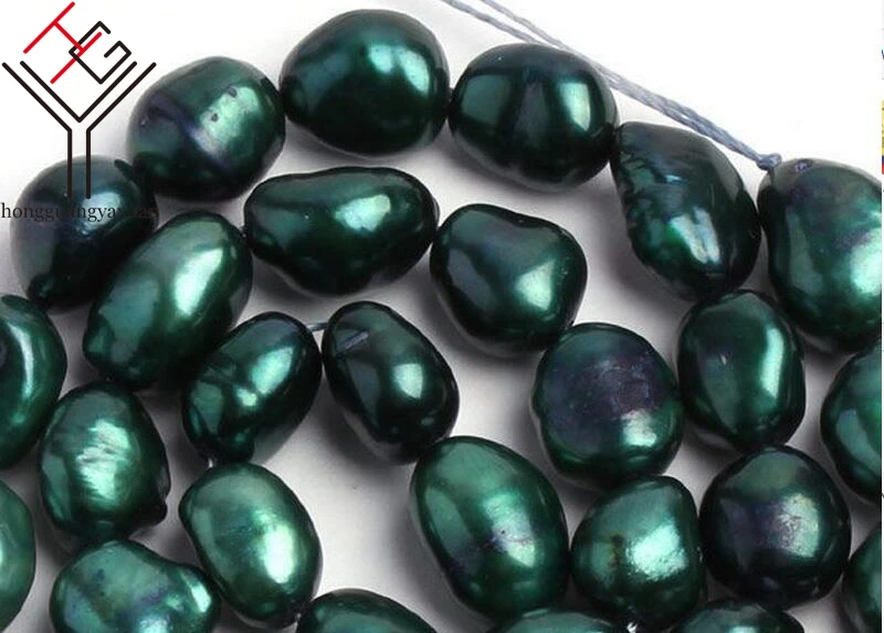 One Strands Real Pearl 9mm Bright Deep Green Pearl Oval Baroque Natural Freshwater Pearl loose beads 35cm / 15inch