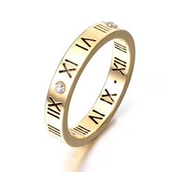 JeeMango Roman Numerals Ring Jewelry For Women Rose Gold Color Stainless Steel Cubic Zirconia Wedding Rings R17158