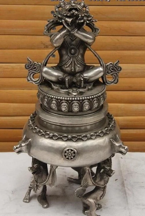 Tibet White Copper silver Foo dog Mahakala Roar to the sky censer incense burner