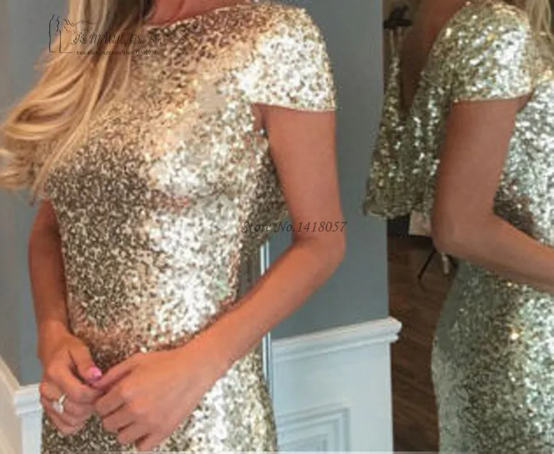 Cheap Gold Sequin Evening Gowns Backless African Mermaid Prom Dresses Formal Women Gowns Cap Sleeve Abendkleider Robe de Soiree