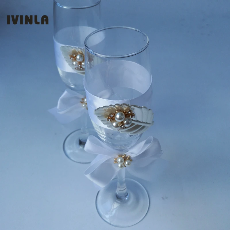 1 Pair/Lot pearl  leaf wedding Champagne Toasting Glasses Set for wedding decoration