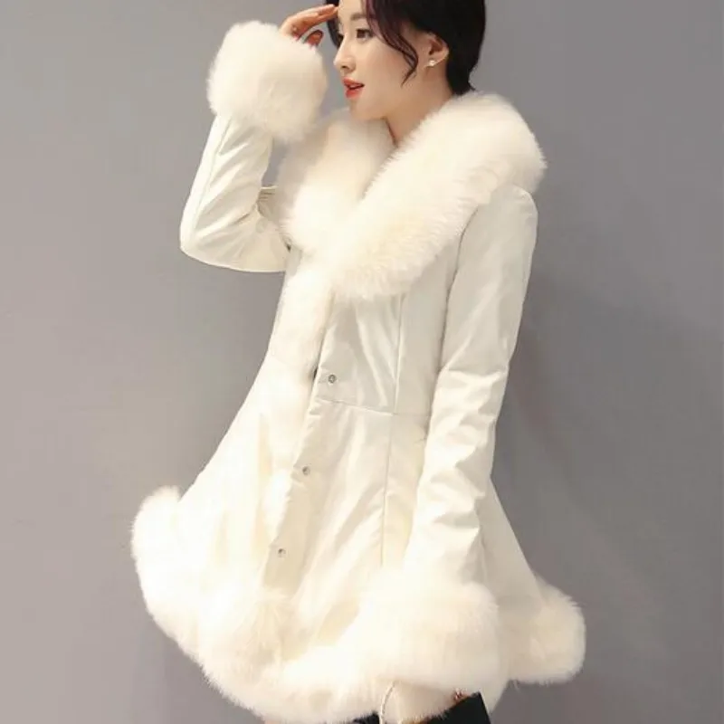 New Thời Trang Womens Big Faux Fur Áo Khoác Lông Thú Cổ Áo Da Trung Dài Parkas Mùa Đông Nữ Lông Ấm Outwear Màu Be Áo Khoác quần áo