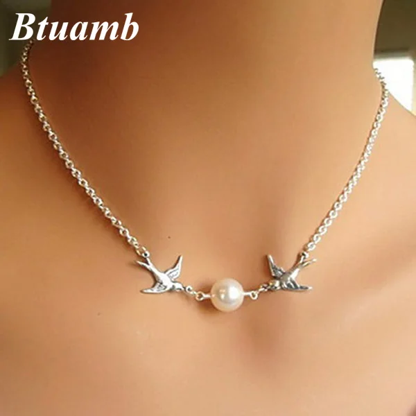 Btuamb Trendy Double Birds Simulated Pearl Necklaces for Women Collier Clavicle Chain Necklaces Pendants Femme Party Jewelry