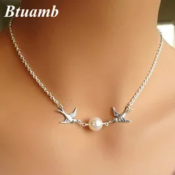 Btuamb Trendy Double Birds Simulated Pearl Necklaces for Women Collier Clavicle Chain Necklaces Pendants Femme Party Jewelry