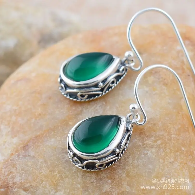 KJJEAXCMY The little black 925 sterling silver jewelry mark green agate Eardrop restoring ancient ways