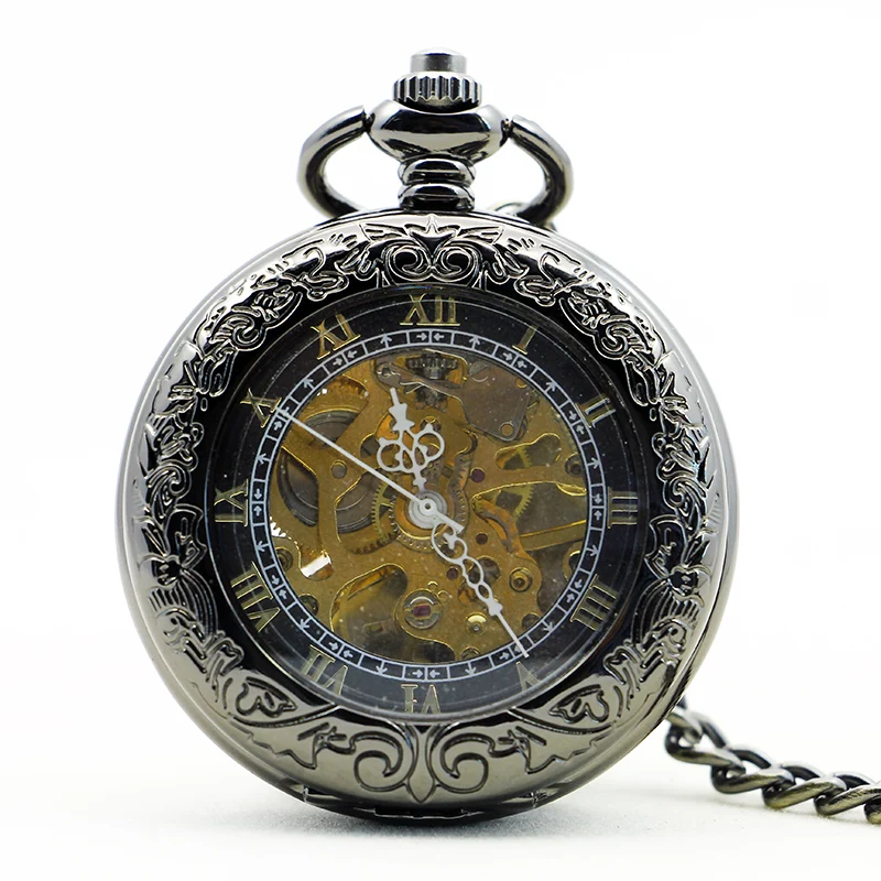 20pcs/lot DHL PJX1155 Hollow Round Arabic Numbers Dial Skeleton Hand-wind Mechanical Men Pocket Watch  With Chain