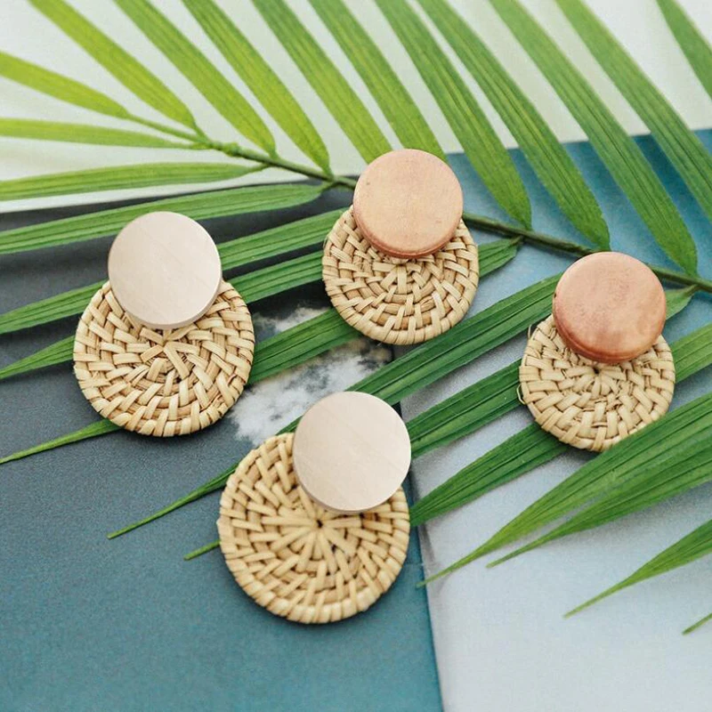 New Fashion Korea Handmade Geometric Wooden Big Hollow Out Square Rattan Straw Weave Drop Earrings for Women2019