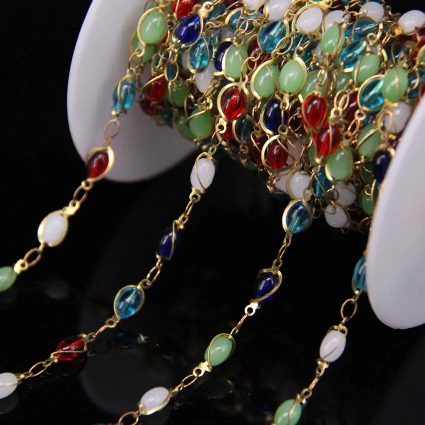 

5Meters,Colorful Glass Rice bead Chain,4x6mm Mixed Gems Bezel Connector Brass Wire Wrapped Rosary Chain,Fashion Bracelet Earring