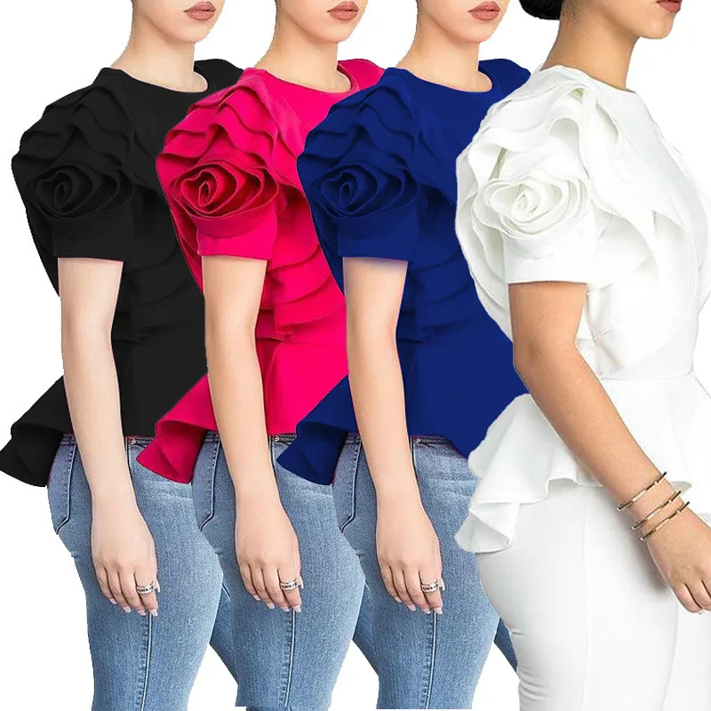 Elegant Lotus Hem Shirt for Women, Petal Sleeve, Real Blusa Tops, Korean Blouse, Plus Size,  Summer,