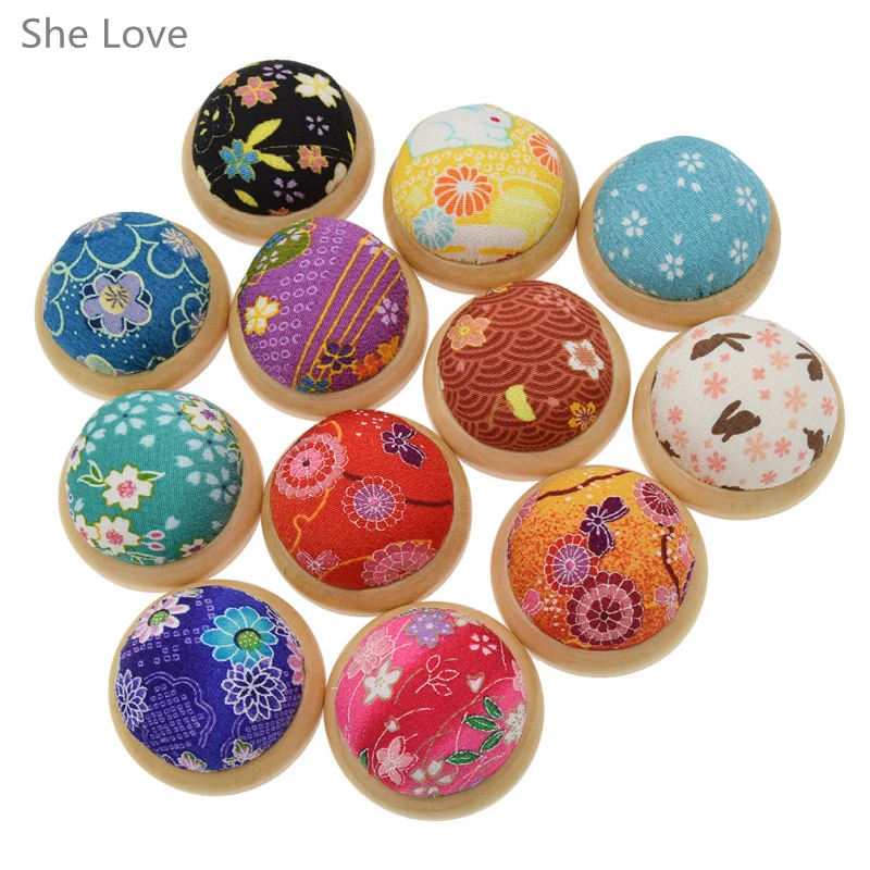 Chzimade Random Color Wooden Base Flower Printing Needle Pin Cushion Japanesee Style DIY Stitch Sewing Needlework Accessory