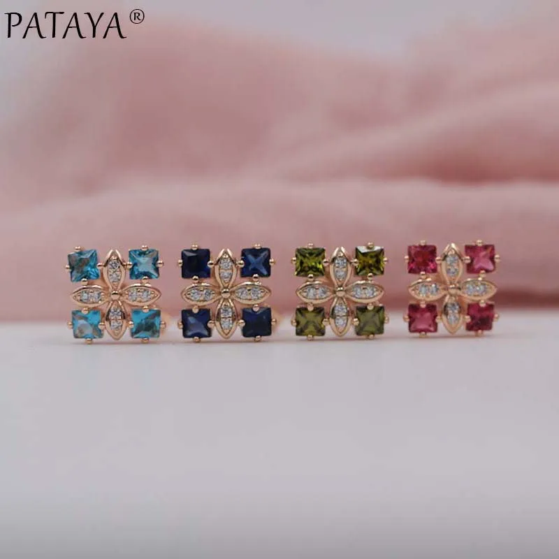 PATAYA Women Square Luxury Earrings 585 Rose Gold Color Water Drop Natural Zircon Wedding Accessories Jewelry Ethnic Earring