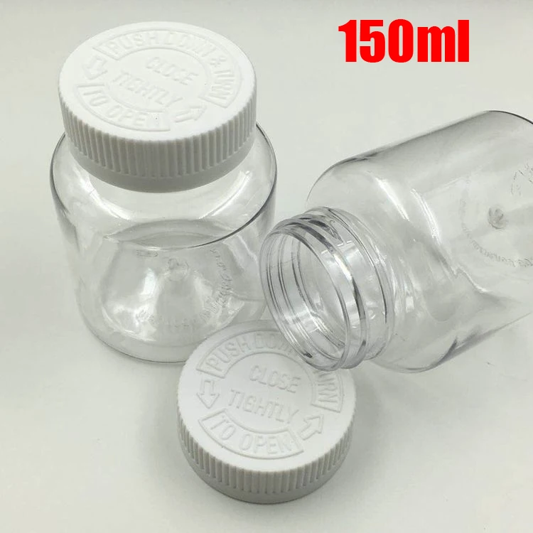 100pcs 150ml Transparent Color PET Plastic Containers, Capsules/Pills/Powder/Vitamin Packing Bottles with White Child-proof Lids