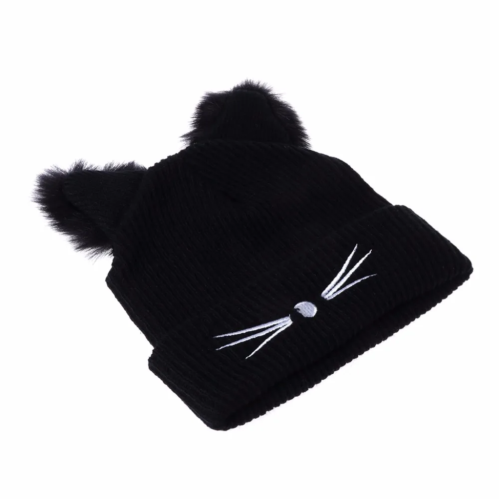 Hot Sale Cat Ears Women Hat Knitted Acrylic Warm Winter Beanie Caps Crochet Fur